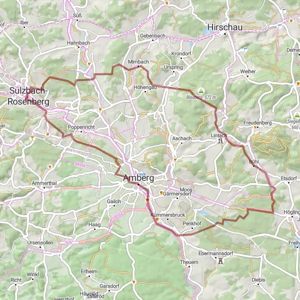 Map miniature of "Galgenberg and Beyond" cycling inspiration in Oberpfalz, Germany. Generated by Tarmacs.app cycling route planner