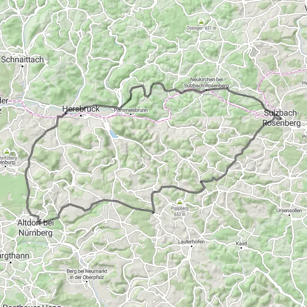 Map miniature of "Exploring the Countryside near Sulzbach-Rosenberg" cycling inspiration in Oberpfalz, Germany. Generated by Tarmacs.app cycling route planner