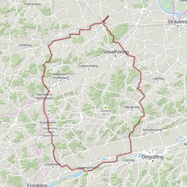 Karten-Miniaturansicht der Radinspiration "Rund um Sünching und Hüttenkofen" in Oberpfalz, Germany. Erstellt vom Tarmacs.app-Routenplaner für Radtouren