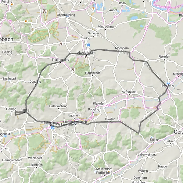 Map miniature of "The Sünching Loop" cycling inspiration in Oberpfalz, Germany. Generated by Tarmacs.app cycling route planner