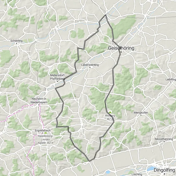 Map miniature of "Geiselhöring Treasures" cycling inspiration in Oberpfalz, Germany. Generated by Tarmacs.app cycling route planner