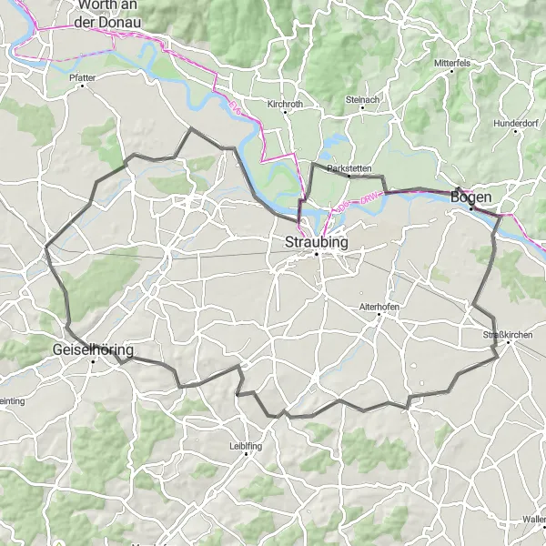 Karten-Miniaturansicht der Radinspiration "Entlang des Donauradwegs nach Geiselhöring" in Oberpfalz, Germany. Erstellt vom Tarmacs.app-Routenplaner für Radtouren