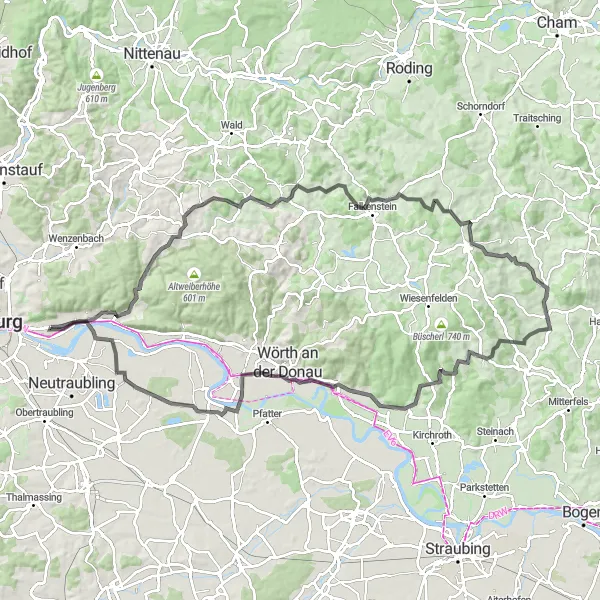 Map miniature of "Road Cycling - Falkenfels Challenge" cycling inspiration in Oberpfalz, Germany. Generated by Tarmacs.app cycling route planner