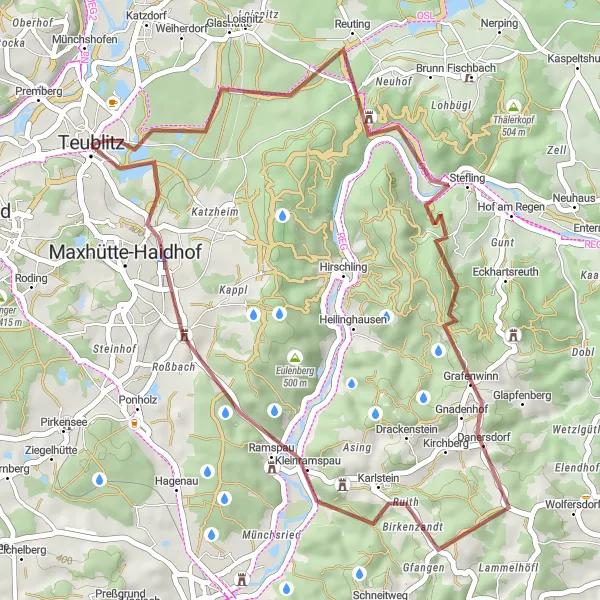 Map miniature of "The Gravel Adventure" cycling inspiration in Oberpfalz, Germany. Generated by Tarmacs.app cycling route planner