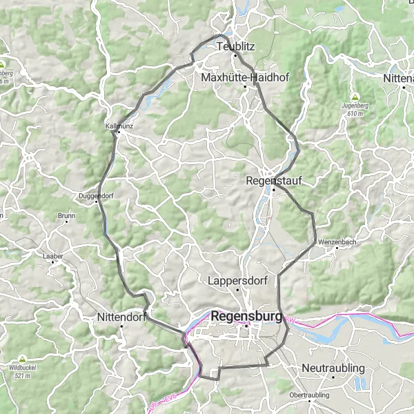Karten-Miniaturansicht der Radinspiration "Teublitz-Rundkurs über Muenchshofener Berg" in Oberpfalz, Germany. Erstellt vom Tarmacs.app-Routenplaner für Radtouren