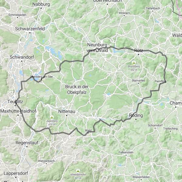 Karten-Miniaturansicht der Radinspiration "Radtour entlang von Steinberg am See und Roding" in Oberpfalz, Germany. Erstellt vom Tarmacs.app-Routenplaner für Radtouren