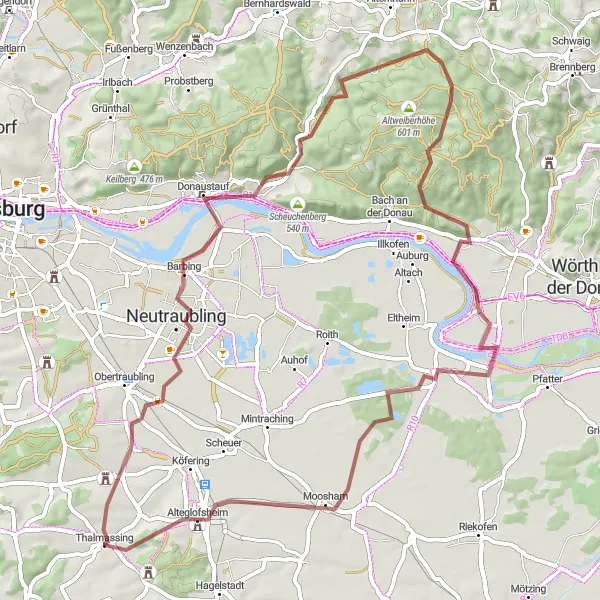 Map miniature of "Gravel Adventure near Thalmassing" cycling inspiration in Oberpfalz, Germany. Generated by Tarmacs.app cycling route planner