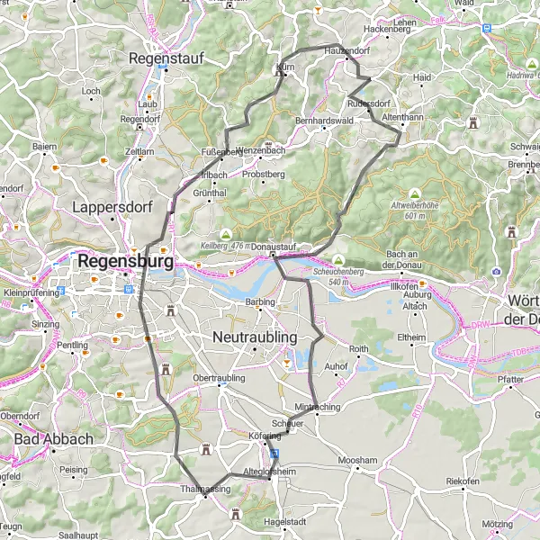 Map miniature of "Höfling Castle Loop" cycling inspiration in Oberpfalz, Germany. Generated by Tarmacs.app cycling route planner