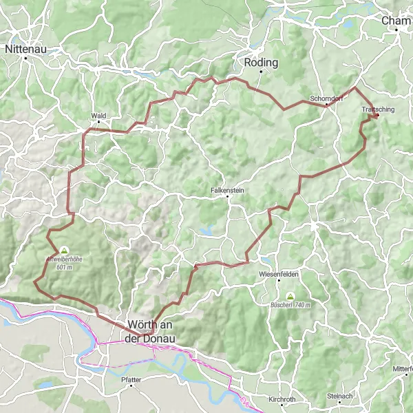 Map miniature of "Gravel Adventure to Rauchenberg and Burgruine Lobenstein" cycling inspiration in Oberpfalz, Germany. Generated by Tarmacs.app cycling route planner