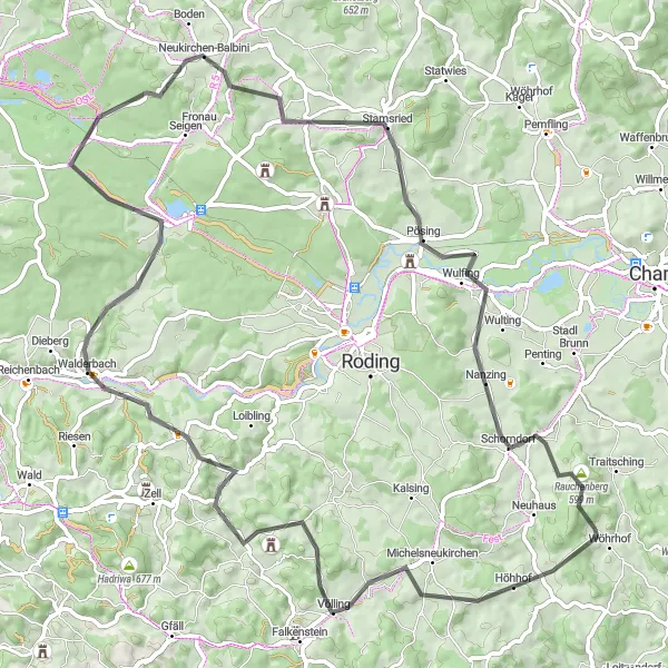 Karten-Miniaturansicht der Radinspiration "Radtour zum Pösing und Rauchenberg" in Oberpfalz, Germany. Erstellt vom Tarmacs.app-Routenplaner für Radtouren