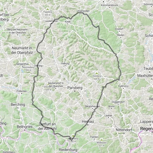 Karten-Miniaturansicht der Radinspiration "Eroberung der Berge" in Oberpfalz, Germany. Erstellt vom Tarmacs.app-Routenplaner für Radtouren