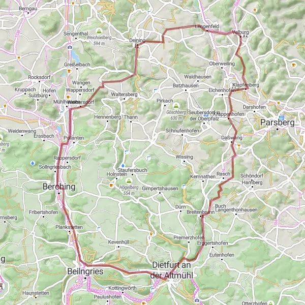 Map miniature of "Velburg to Herzogsberg Loop" cycling inspiration in Oberpfalz, Germany. Generated by Tarmacs.app cycling route planner