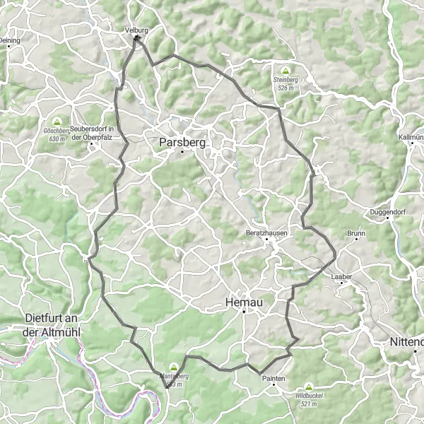 Map miniature of "Velburg to Burgruine Velburg Loop" cycling inspiration in Oberpfalz, Germany. Generated by Tarmacs.app cycling route planner