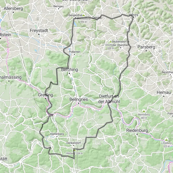 Map miniature of "Velburg to Burgruine Velburg Extended Loop" cycling inspiration in Oberpfalz, Germany. Generated by Tarmacs.app cycling route planner