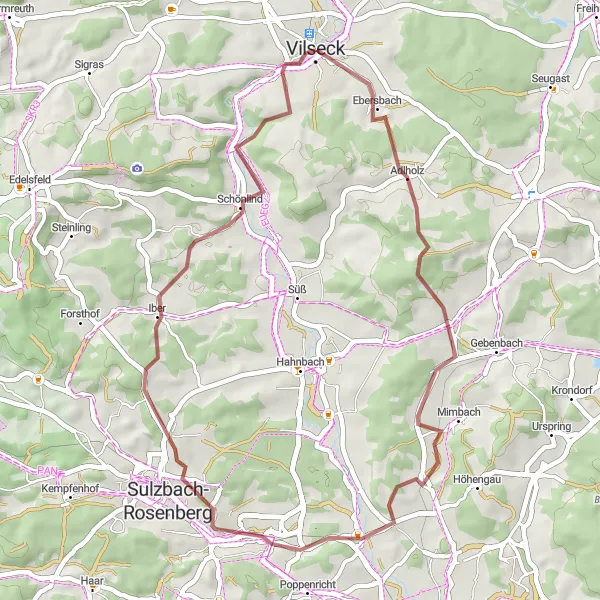 Map miniature of "Adventurous Exploration: Vilseck to Sulzbach-Rosenberg" cycling inspiration in Oberpfalz, Germany. Generated by Tarmacs.app cycling route planner