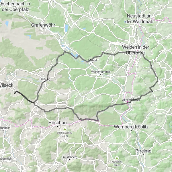 Map miniature of "Vilseck - Kaltenbrunn - Deschenbühl - Frauenricht - Irchenrieth - Grünauer Höhe - Höllberg - Großschönbrunn - Vilseck" cycling inspiration in Oberpfalz, Germany. Generated by Tarmacs.app cycling route planner