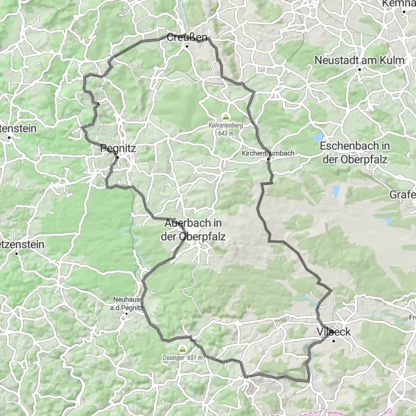 Map miniature of "Vilseck - Thorstein - Nasnitz - Götzenhöhe - Sattelberg - Büchenbach - Funkenberg - Altencreußen - Kirchenthumbach - Rose Barracks - Vilseck" cycling inspiration in Oberpfalz, Germany. Generated by Tarmacs.app cycling route planner
