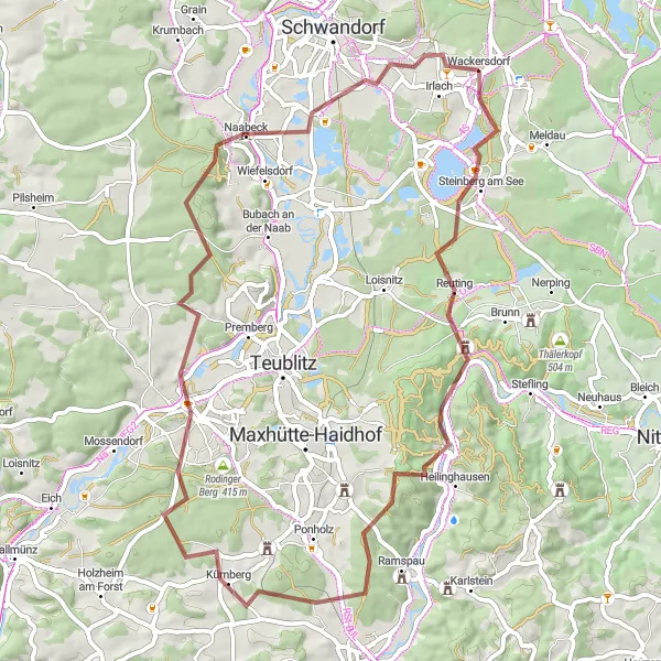 Map miniature of "Wackersdorf - Steinbuckel - Blick über Kronstetten Loop" cycling inspiration in Oberpfalz, Germany. Generated by Tarmacs.app cycling route planner