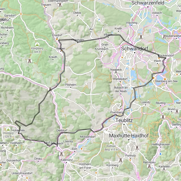 Map miniature of "Münchshofen and Schmidmühlen Loop" cycling inspiration in Oberpfalz, Germany. Generated by Tarmacs.app cycling route planner