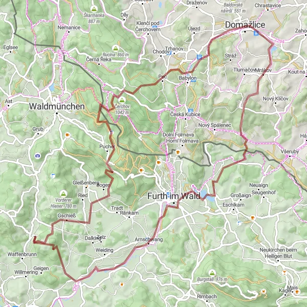 Karten-Miniaturansicht der Radinspiration "Gravel Route um Čerchov und Domažlice" in Oberpfalz, Germany. Erstellt vom Tarmacs.app-Routenplaner für Radtouren