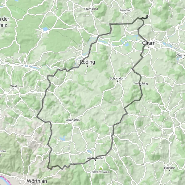 Karten-Miniaturansicht der Radinspiration "Hügeliges Straßenradfahren nach Wiesenfelden" in Oberpfalz, Germany. Erstellt vom Tarmacs.app-Routenplaner für Radtouren