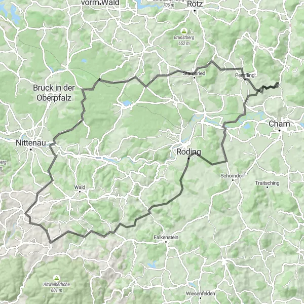 Map miniature of "The Roding Road Trip" cycling inspiration in Oberpfalz, Germany. Generated by Tarmacs.app cycling route planner