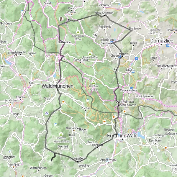 Map miniature of "The Waldmünchen Road Adventure" cycling inspiration in Oberpfalz, Germany. Generated by Tarmacs.app cycling route planner