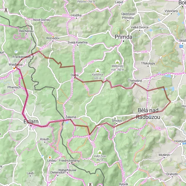 Map miniature of "Gravel Exploration: Waidhaus to Eslarn" cycling inspiration in Oberpfalz, Germany. Generated by Tarmacs.app cycling route planner