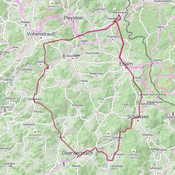 Map miniature of "Waidhaus Loop through the Hills" cycling inspiration in Oberpfalz, Germany. Generated by Tarmacs.app cycling route planner