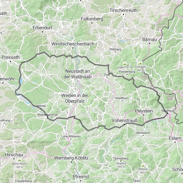 Map miniature of "Explore the Hills of Oberpfalz" cycling inspiration in Oberpfalz, Germany. Generated by Tarmacs.app cycling route planner