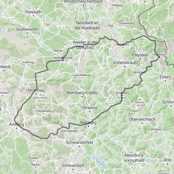 Map miniature of "Challenging Road Cycling: Waidhaus to Weiden in der Oberpfalz" cycling inspiration in Oberpfalz, Germany. Generated by Tarmacs.app cycling route planner