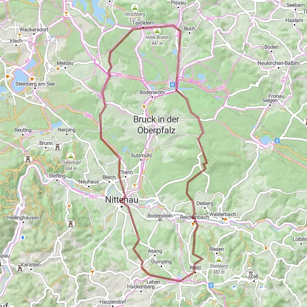 Map miniature of "Nittenau to Wald Gravel Route" cycling inspiration in Oberpfalz, Germany. Generated by Tarmacs.app cycling route planner