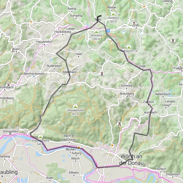 Map miniature of "Dangelsdorfer Berg Road Adventure" cycling inspiration in Oberpfalz, Germany. Generated by Tarmacs.app cycling route planner