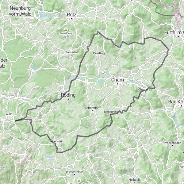 Map miniature of "Bügel Road Challenge" cycling inspiration in Oberpfalz, Germany. Generated by Tarmacs.app cycling route planner