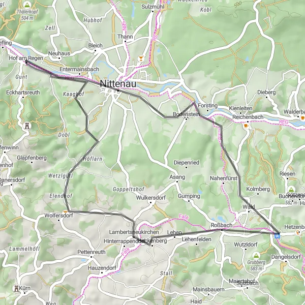 Map miniature of "Dangelsdorfer Berg Road Adventure" cycling inspiration in Oberpfalz, Germany. Generated by Tarmacs.app cycling route planner