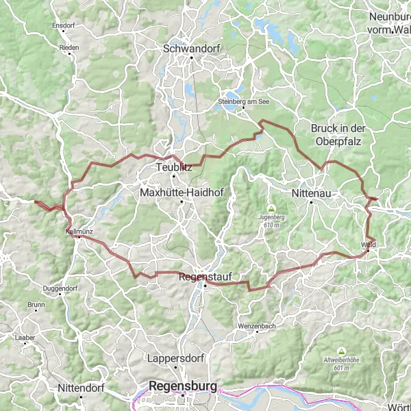 Map miniature of "Walderbach Gravel Adventure" cycling inspiration in Oberpfalz, Germany. Generated by Tarmacs.app cycling route planner