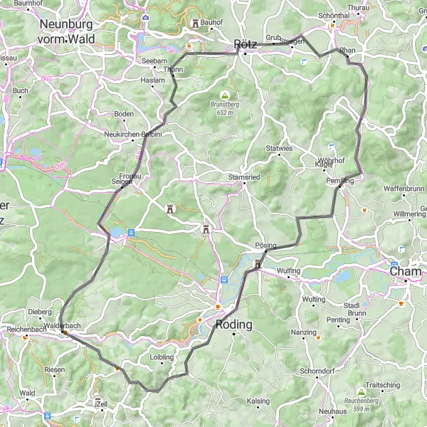 Map miniature of "Scenic Tour around Walderbach" cycling inspiration in Oberpfalz, Germany. Generated by Tarmacs.app cycling route planner