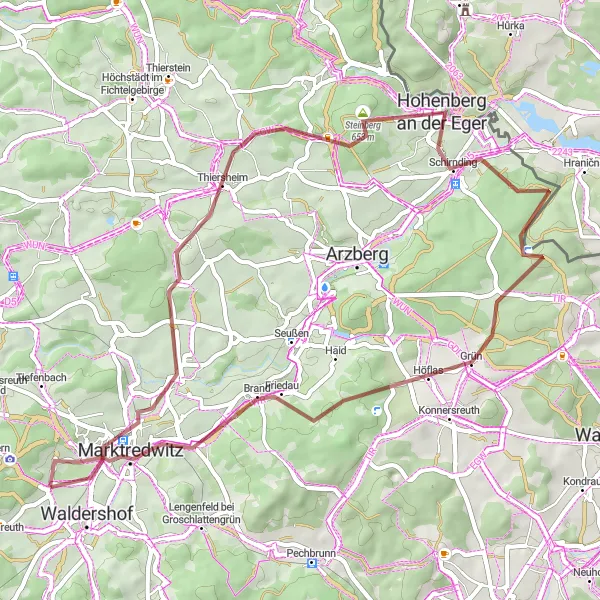 Karten-Miniaturansicht der Radinspiration "Rundtour um Thiersheim und 24-Örter-Stein" in Oberpfalz, Germany. Erstellt vom Tarmacs.app-Routenplaner für Radtouren