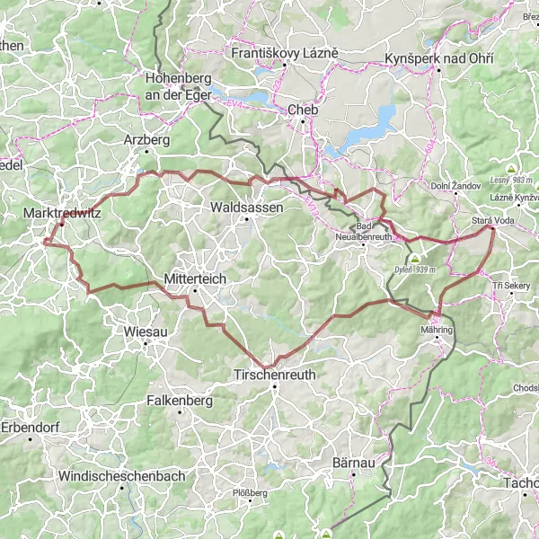 Map miniature of "Waldershof - Marktredwitz - Kohlberg - Dietzenberg - Doubrava - Stará Voda - Lohhauser - Wurmhöhe - Tirschenreuth - Steinknock (Gravel Cycling)" cycling inspiration in Oberpfalz, Germany. Generated by Tarmacs.app cycling route planner