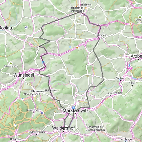 Map miniature of "Waldershof - Wintersreuth - Mallerberg - Thierstein - Kohlberg - Marktredwitz (Road Cycling)" cycling inspiration in Oberpfalz, Germany. Generated by Tarmacs.app cycling route planner