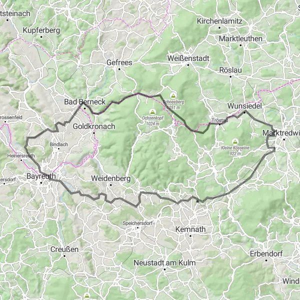 Map miniature of "Waldershof - Pullenreuth - Weiherrangen - Kirchenpingarten - Hügel - Eichelberg - Bayreuth - Ramsenthal - Tröstau - Oberredwitz (Road Cycling)" cycling inspiration in Oberpfalz, Germany. Generated by Tarmacs.app cycling route planner