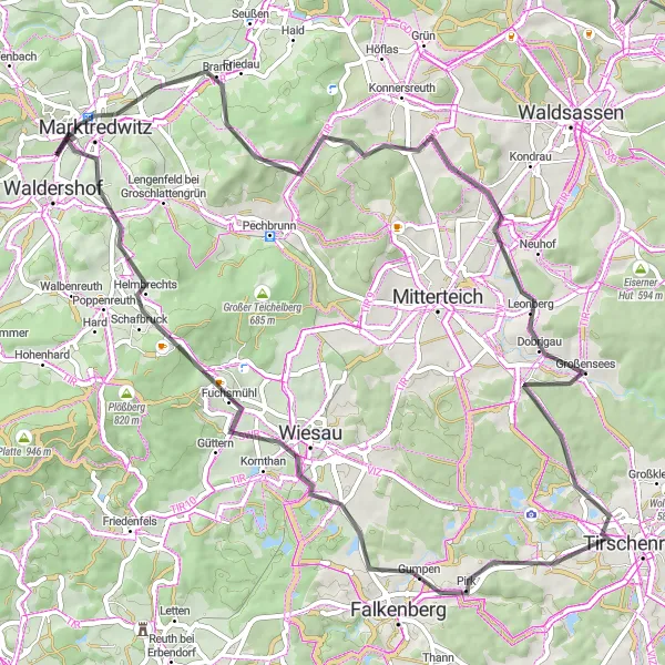 Karten-Miniaturansicht der Radinspiration "Fahrradrundweg um Marktredwitz und Dörflas" in Oberpfalz, Germany. Erstellt vom Tarmacs.app-Routenplaner für Radtouren