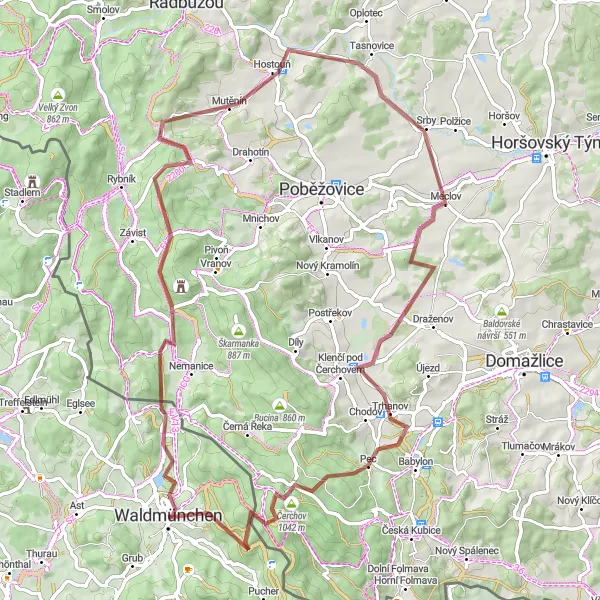 Karten-Miniaturansicht der Radinspiration "Gravel-Radtour zum Čerchov" in Oberpfalz, Germany. Erstellt vom Tarmacs.app-Routenplaner für Radtouren