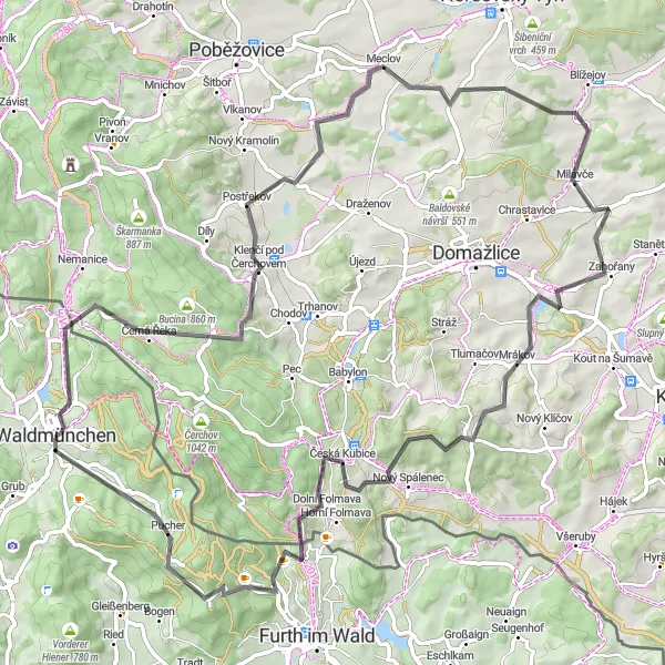 Map miniature of "Waldmünchen to Ulrichsgrün Cycling Route" cycling inspiration in Oberpfalz, Germany. Generated by Tarmacs.app cycling route planner