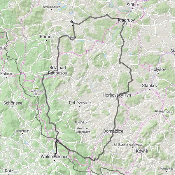 Karten-Miniaturansicht der Radinspiration "Waldmünchen - Domažlice - Waldmünchen" in Oberpfalz, Germany. Erstellt vom Tarmacs.app-Routenplaner für Radtouren