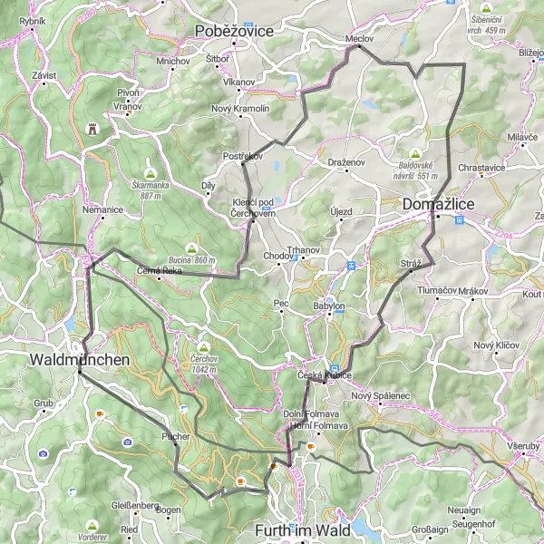 Map miniature of "The Bavarian Hill Quintet" cycling inspiration in Oberpfalz, Germany. Generated by Tarmacs.app cycling route planner