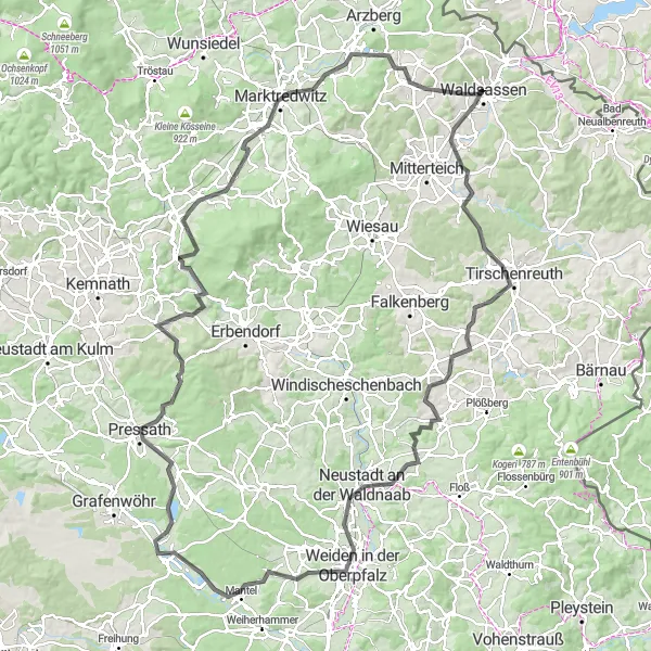 Map miniature of "Oberpfalz Round Trip: Pleußen to Marktredwitz" cycling inspiration in Oberpfalz, Germany. Generated by Tarmacs.app cycling route planner