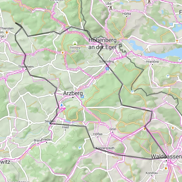 Karten-Miniaturansicht der Radinspiration "Herausfordernde Straßenradtour durch die Wälder" in Oberpfalz, Germany. Erstellt vom Tarmacs.app-Routenplaner für Radtouren