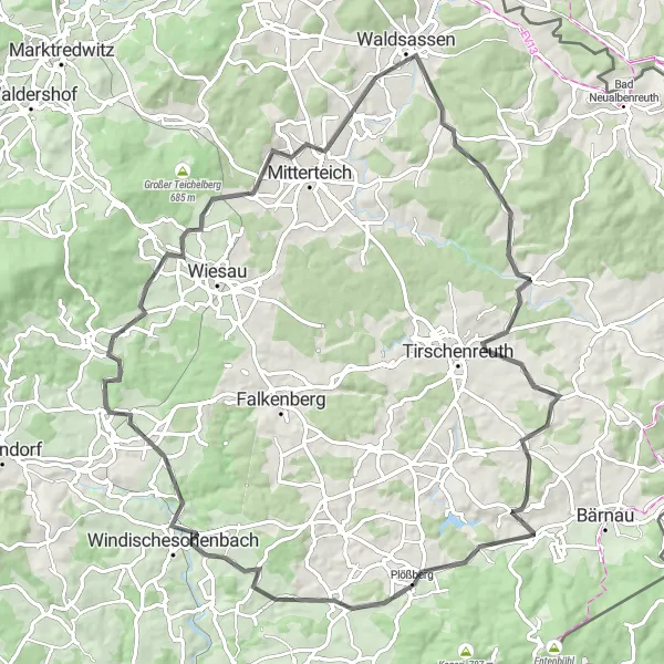 Map miniature of "Challenging Hills and Thrilling Descents" cycling inspiration in Oberpfalz, Germany. Generated by Tarmacs.app cycling route planner
