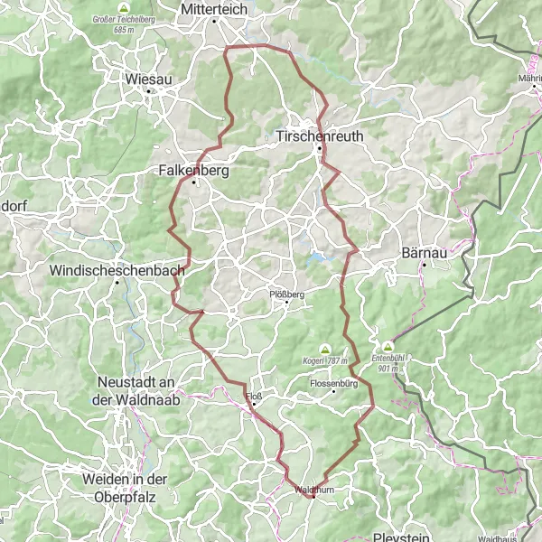 Map miniature of "Waldthurn Round Trip Gravel Cycling Route" cycling inspiration in Oberpfalz, Germany. Generated by Tarmacs.app cycling route planner